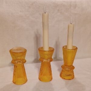 Amber Glass Candle Holders Set, Set Of 3 Heavy Glass